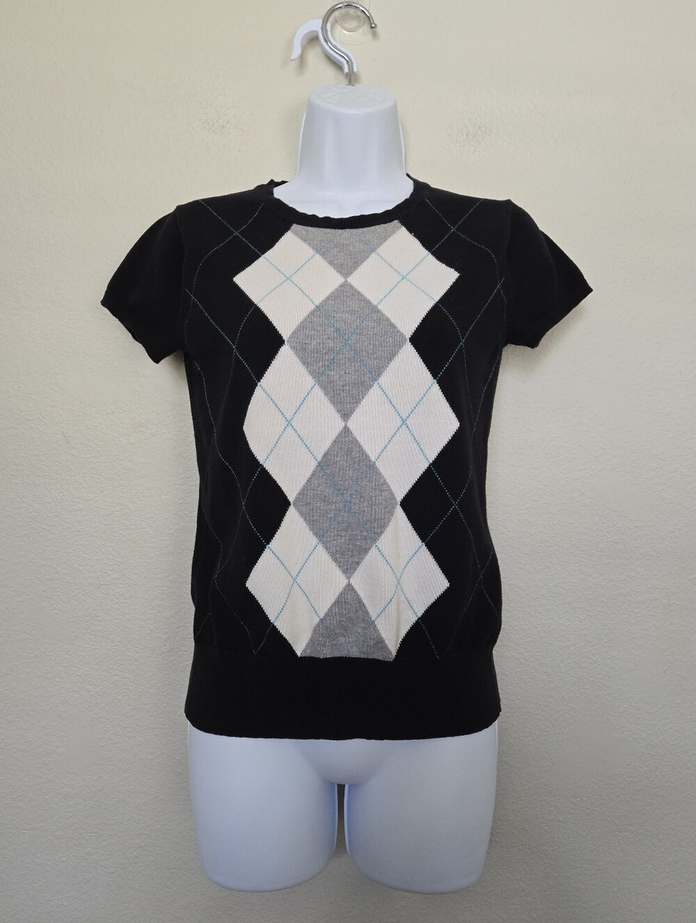 Y2K Classic Argyle Cotton Knit Sweater Short Sleeve Size Small Preppy Retro